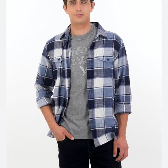 American Eagle men's navy blue & white plaid cotton flannel shirt, button down L - Picture 4 of 10